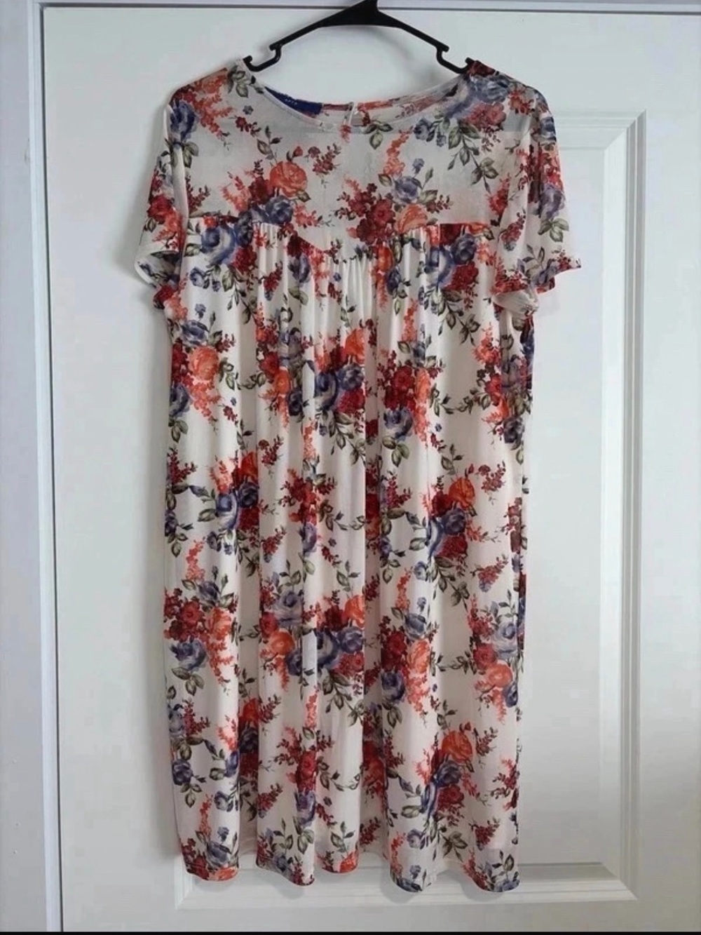 Floral Short Sleeve Cream Dress with Red & Purple Blooms